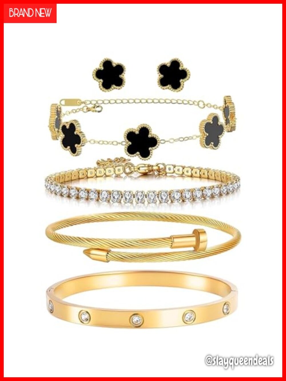 5 Pcs 18K Gold Plated Stainless Steel Bangle & Tennis Bracelet Set with Cubic